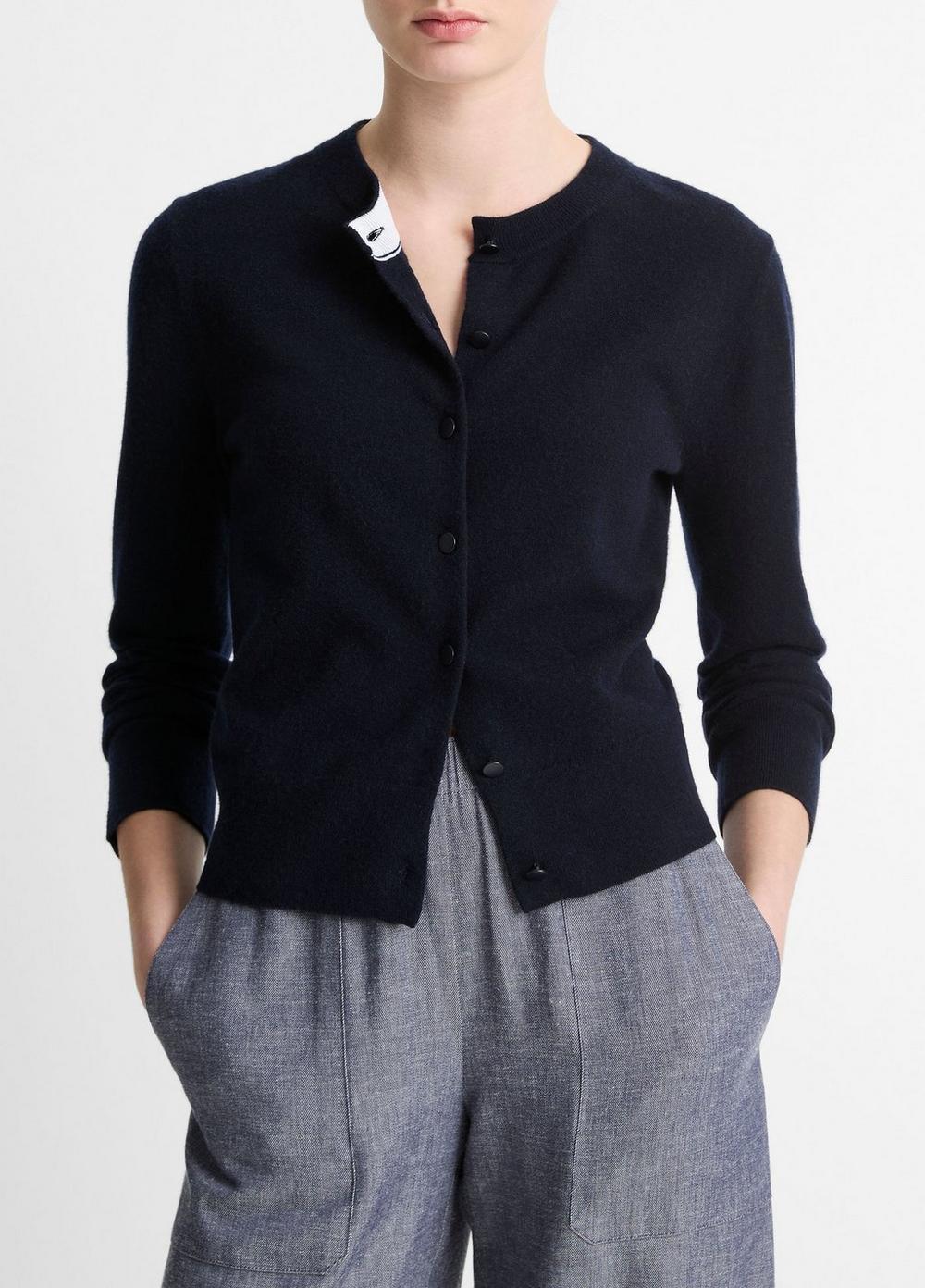 Wool & Cashmere-Blend Tipped Half-Moon Cardigan Product Image