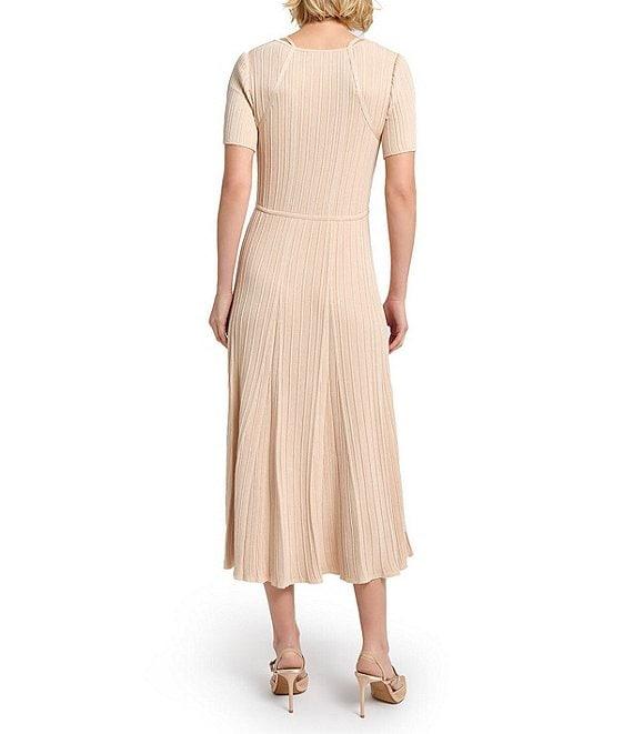 MISOOK Ribbed Soft Knit V-Neck Short Sleeve Fit-And-Flare Midi Dress Product Image