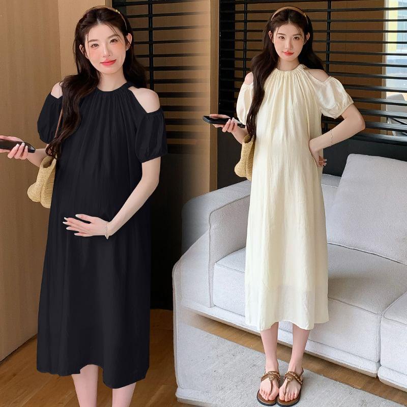 Maternity Cold Shoulder Short Sleeve A-Line Midi Dress Product Image