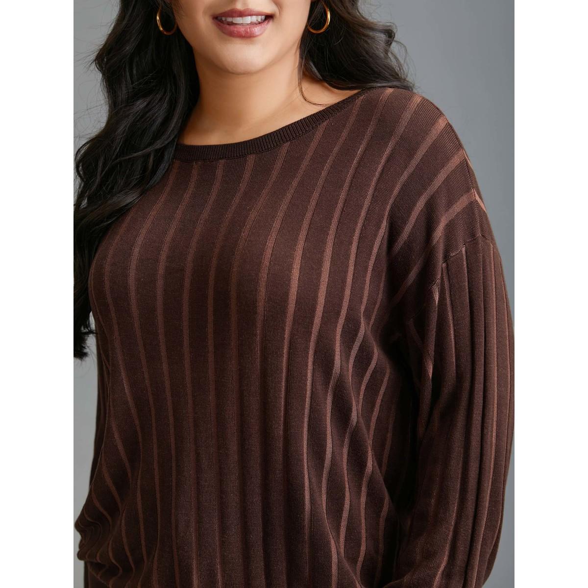 Plus Size Textured Ribbed Hem Round Neck Pullover Browncoffeecolor Women Casual Loose Long Sleeve Round Neck Everyday Pullovers BloomChic 10/M Product Image