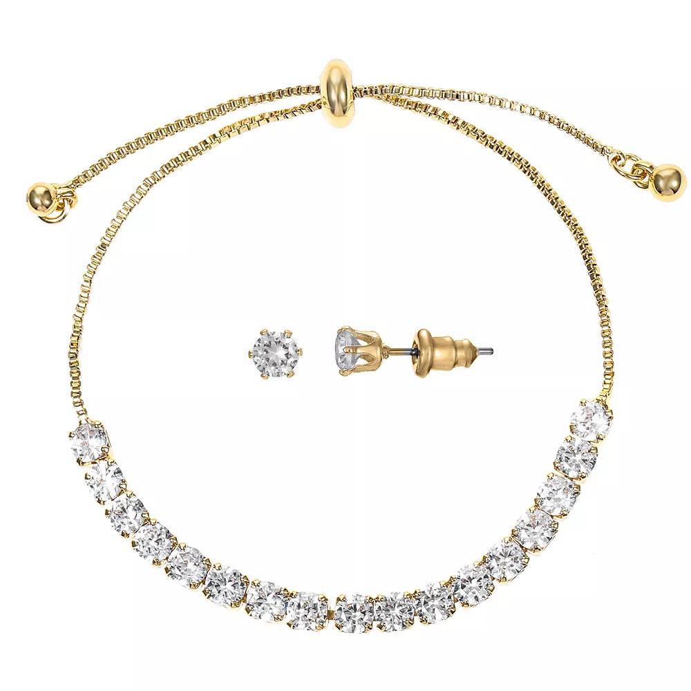 Gold Tone Cubic Zirconia Adjustable Bracelet & Stud Earrings Set, Women's, Size: 4-10" ADJ, Gold Tone Clear Product Image