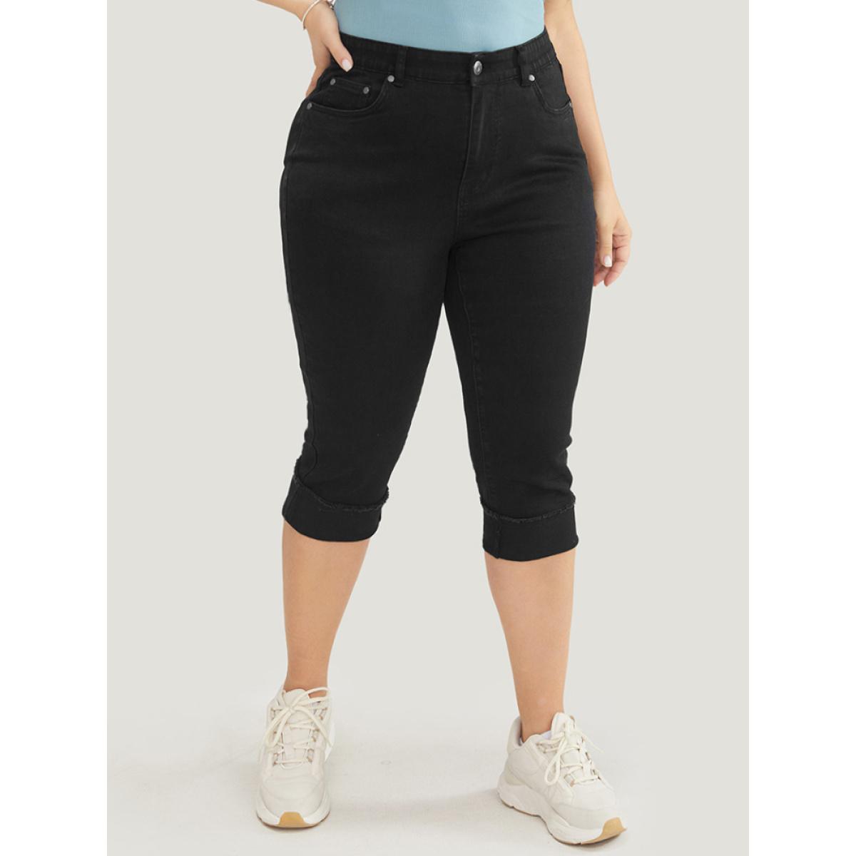 Plus Size Very Stretchy High Rise Black Wash Rivet Detail Knee Denim Shorts Women Black Casual Plain High stretch Pocket Jeans BloomChic 26/4X Product Image