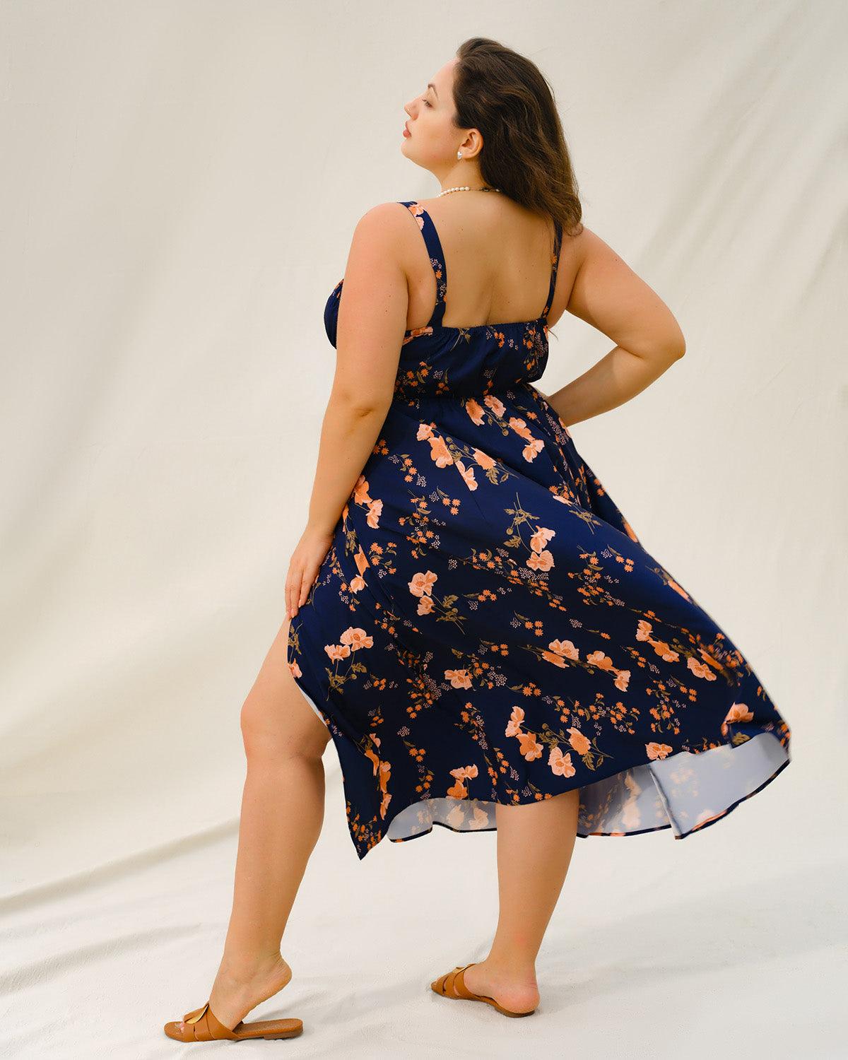 Navy Floral Ruched Plus Size Slip Midi Dress Product Image
