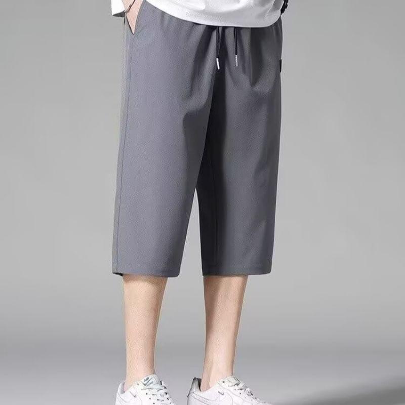 Drawstring  Waist Lettering Applique Capri Straight Leg Pants Product Image