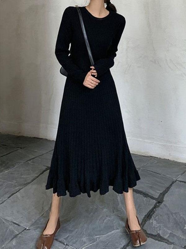 Long Sleeves Loose Ruffled Solid Color Round-Neck Midi Dresses Sweater Dresses Product Image
