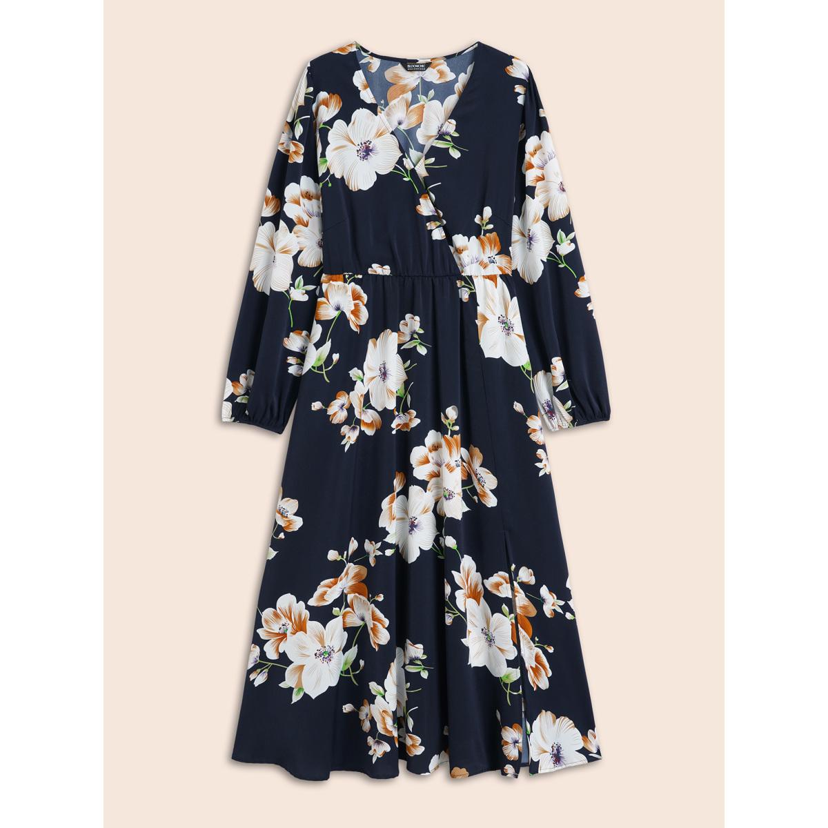 Plus Size Bloom Dress - Floral Lantern Sleeve Pocket Split Surplice Neck Flutter Maxi Dress DarkBlue Women Elegant Printed V-neck Long Sleeve Curvy Long Dress BloomChic 30/6X Product Image