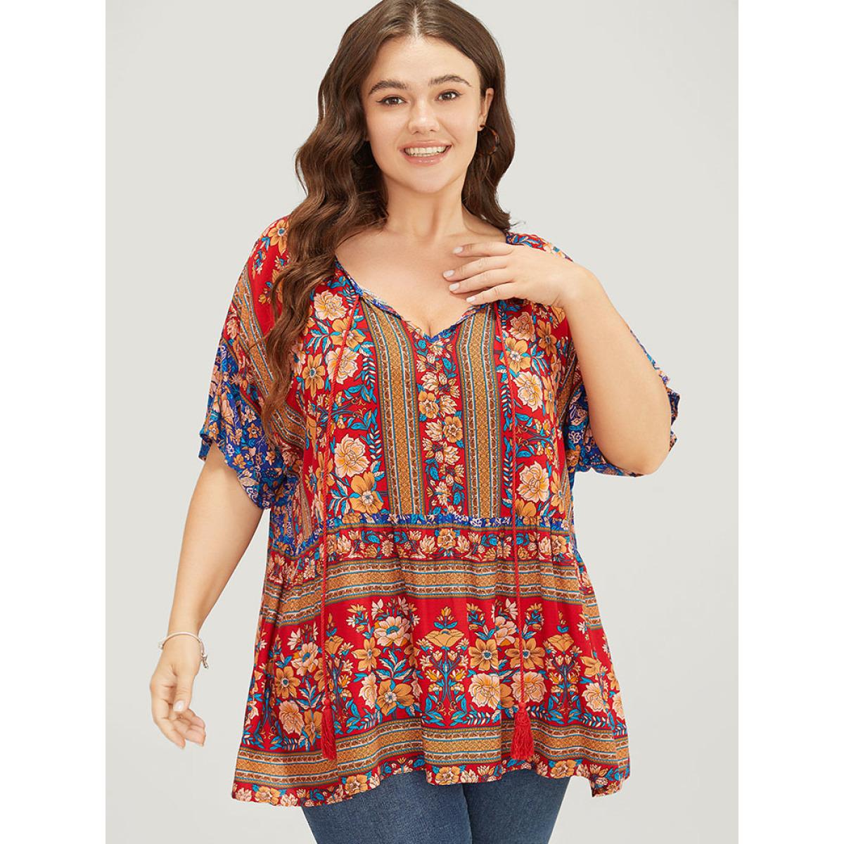 Plus Size Indigo Bandana Print Tie Neck Tassels Batwing Sleeve Blouse Women Vacation Short sleeve Tie Neck Dailywear Blouses BloomChic 10/M Product Image