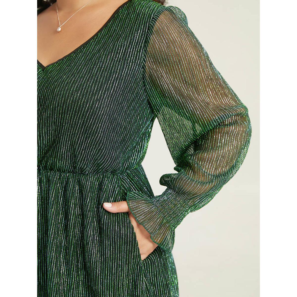 Plus Size Plain Texture Elastic Waist Shirred Mesh Dress DarkGreen Women Cocktail Texture V-neck Long Sleeve Curvy Midi Dress BloomChic 14-16/1X Product Image