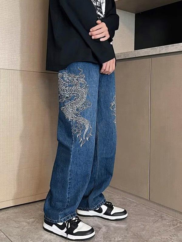 Men's Dragon Embroidered Straight Leg Jeans Product Image