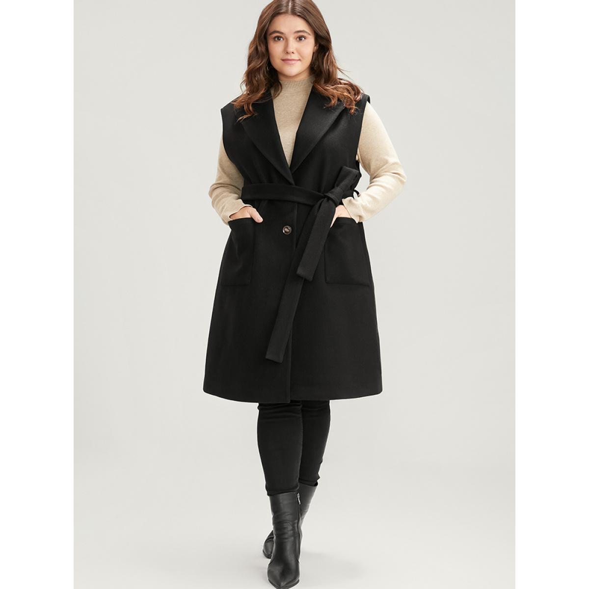 Plus Size Solid Suit Collar Pocket Belted Sleeveless Coat Women Black Office Cross straps Ladies Office Winter Coats BloomChic 26/4X Product Image