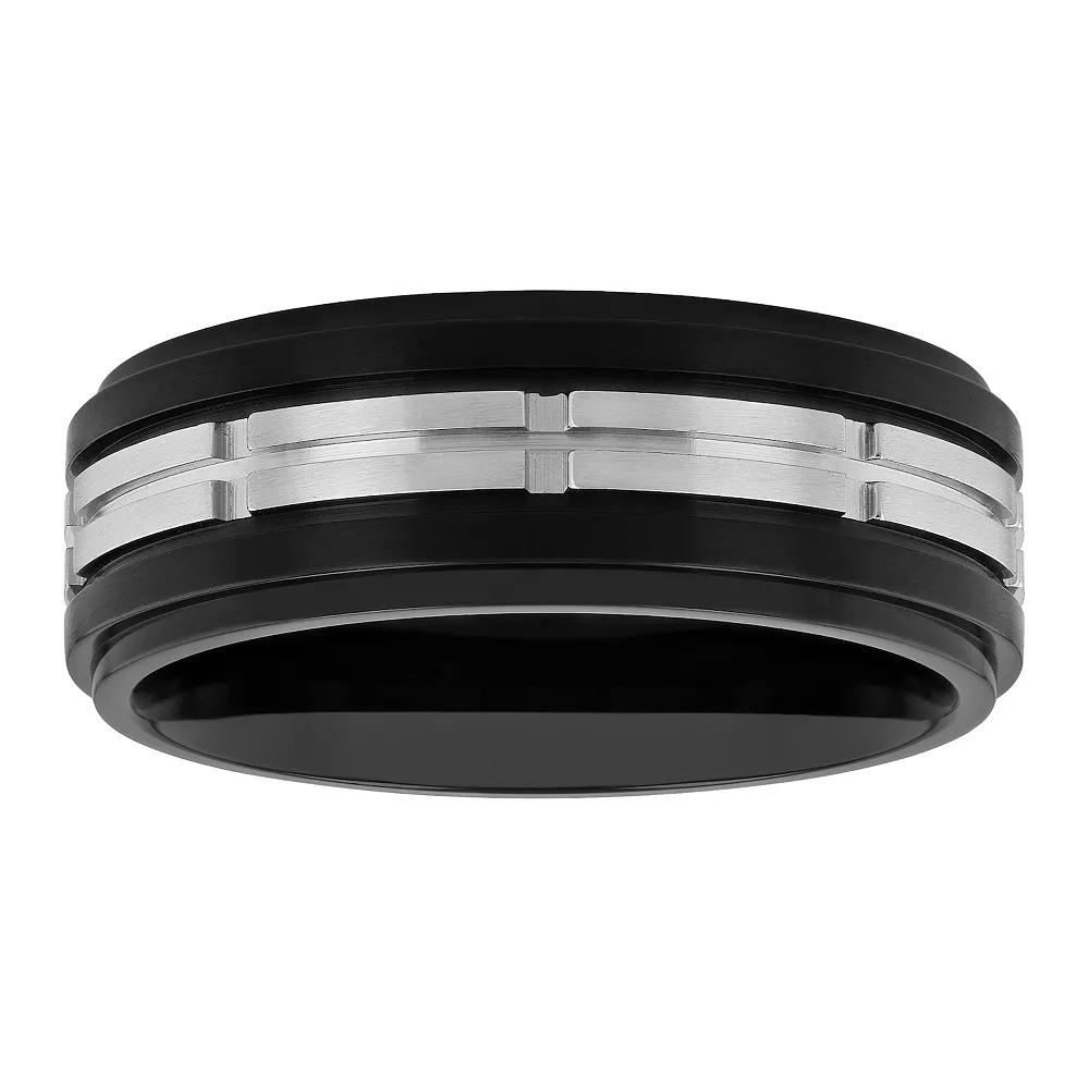 Men's Black & Gray Stainless Steel Treaded Wedding Band, Size: 7, Two Tone Product Image