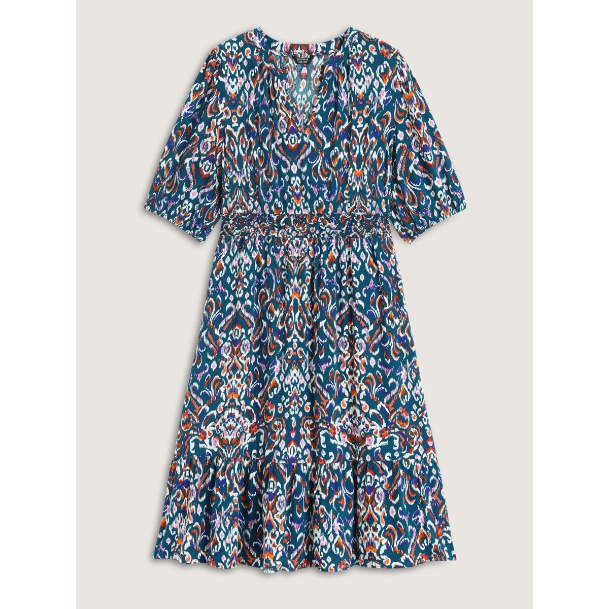 Plus Size Abstract Print Shirred Waist Midi Dress Aegean Women Boho Flat collar with V-notch Half Sleeve Curvy BloomChic 28/5X Product Image