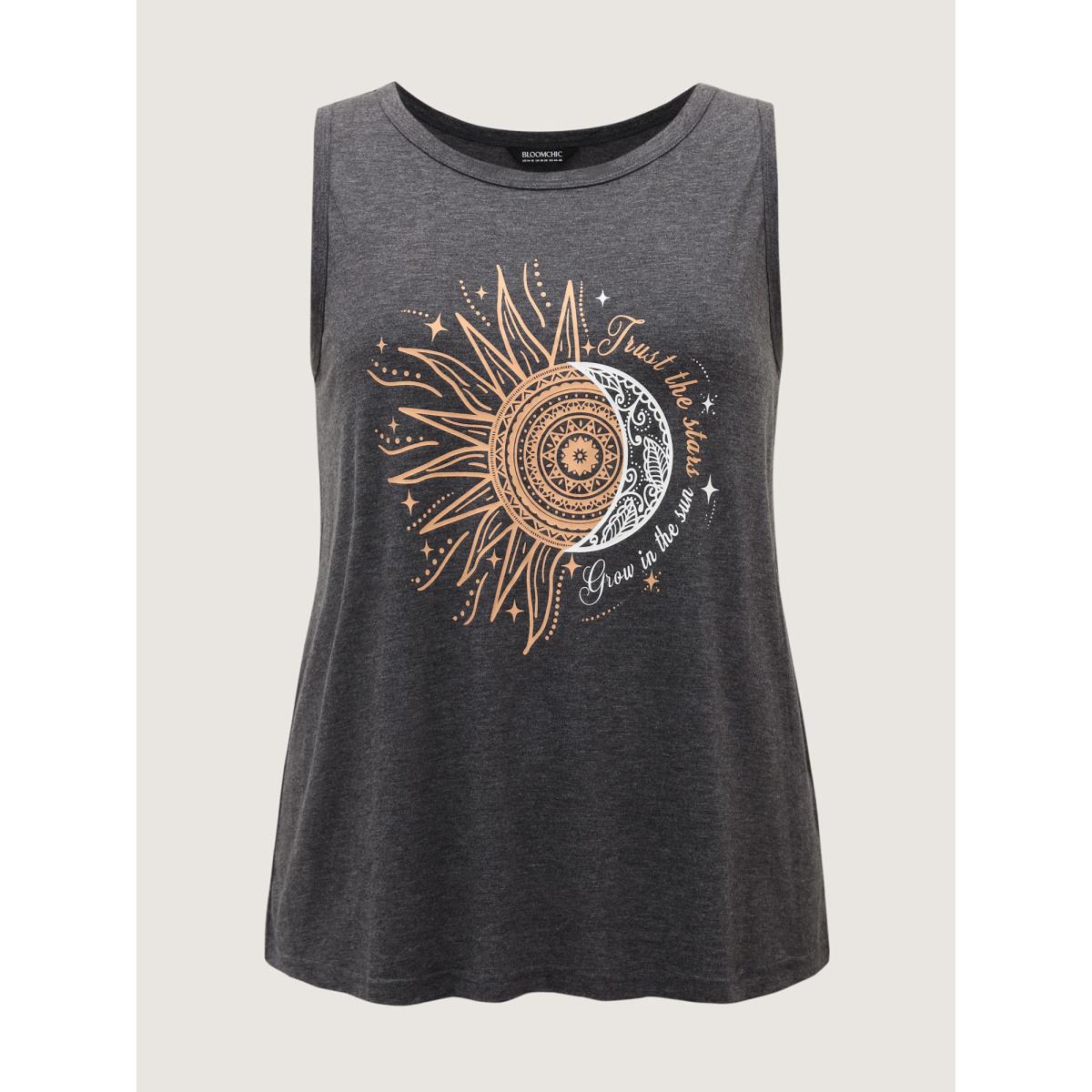 Plus Size Star & Moon Print Solid Tank Top Women DimGray Leisure Non Round Neck Casual Tank Tops Camis BloomChic 14-16/1X Product Image