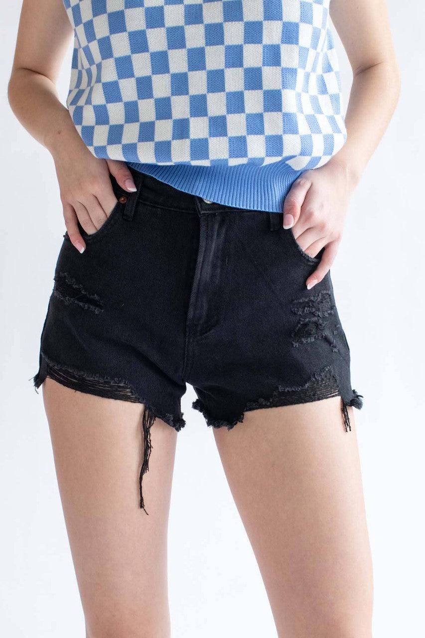 Black High Waisted Distressed Denim Shorts 2 Product Image