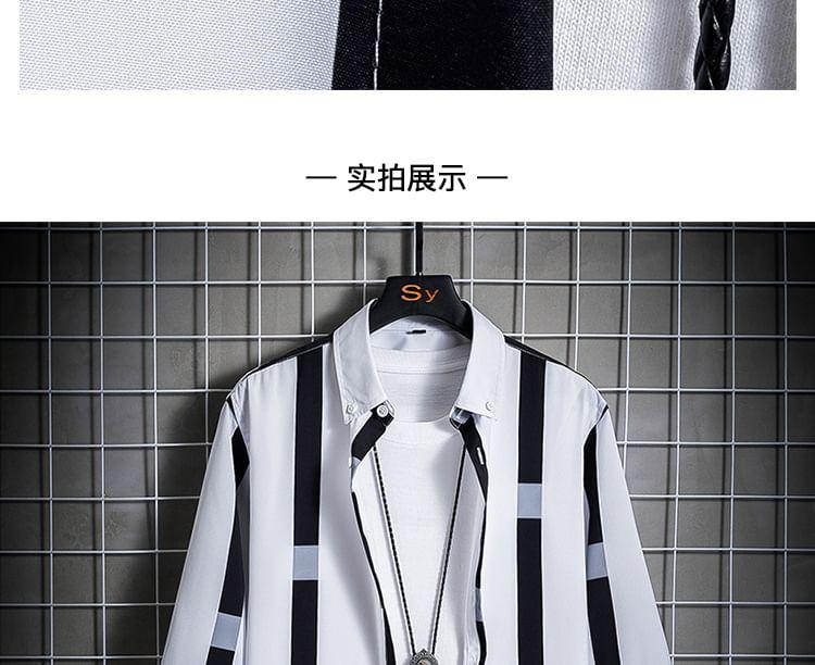 Elbow Sleeve Collared Striped Shirt Product Image