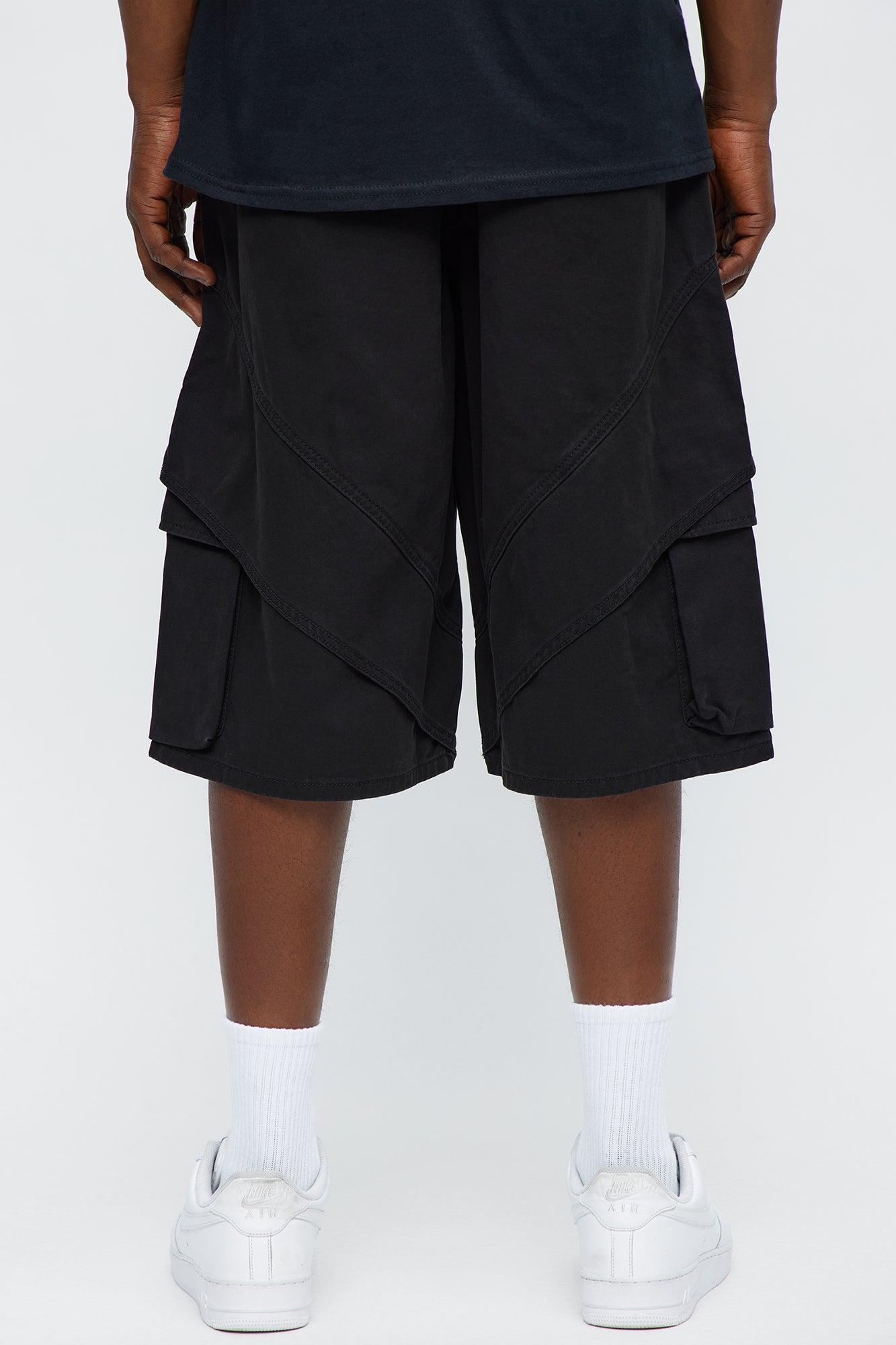 Baggy Hidden Lines Cargo Shorts - Black Male Product Image