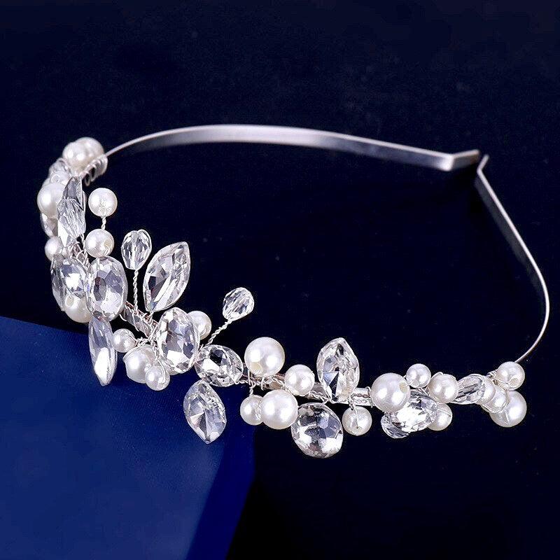 "Aleena" - Silver Pearl and Crystal Bridal Headband Product Image