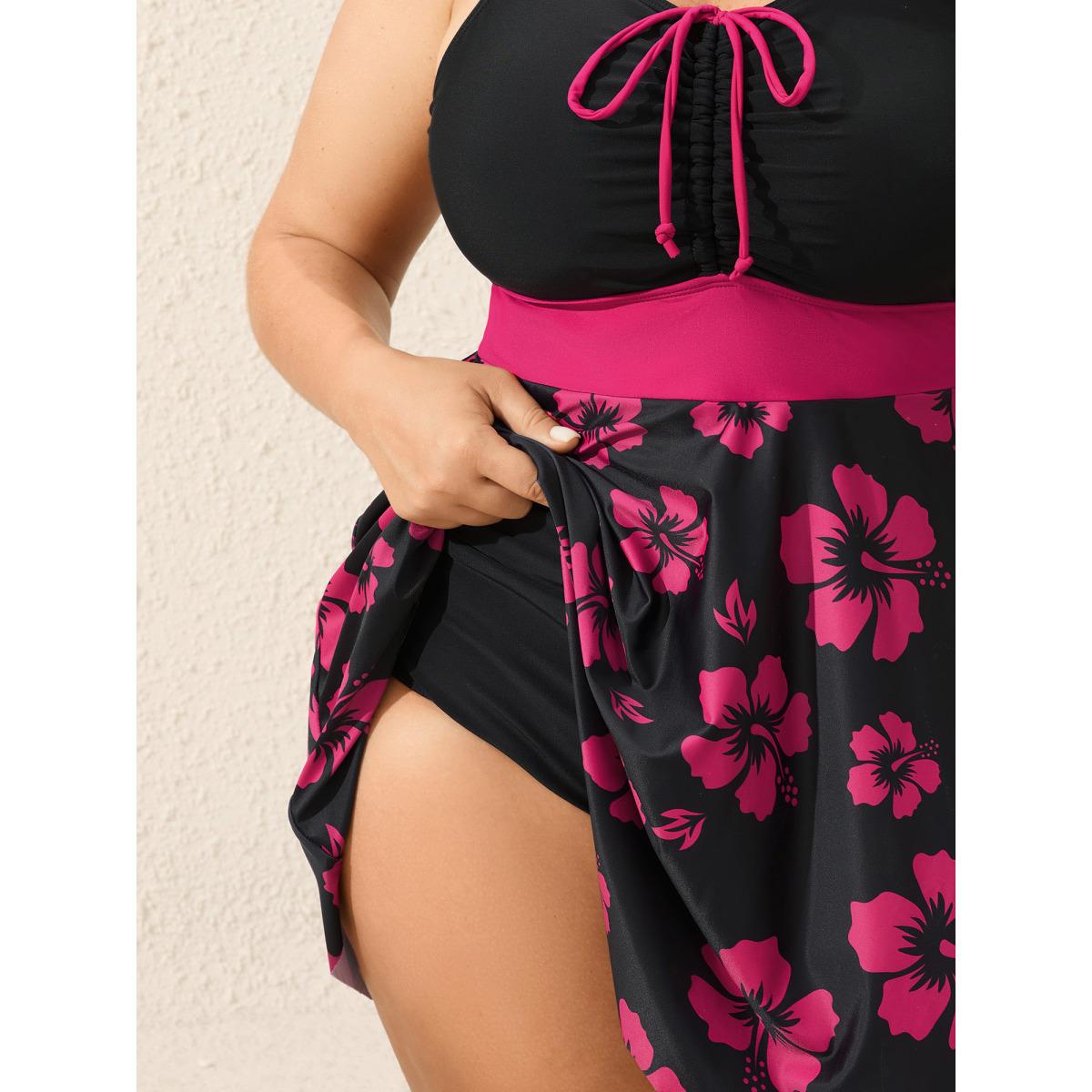Plus Size Color Contrast Floral Drawstring Swim Dress Women's Swimwear Rosered Beach Bodycon Heart neckline High stretch Curve Swim Dresses BloomChic 12/L Product Image