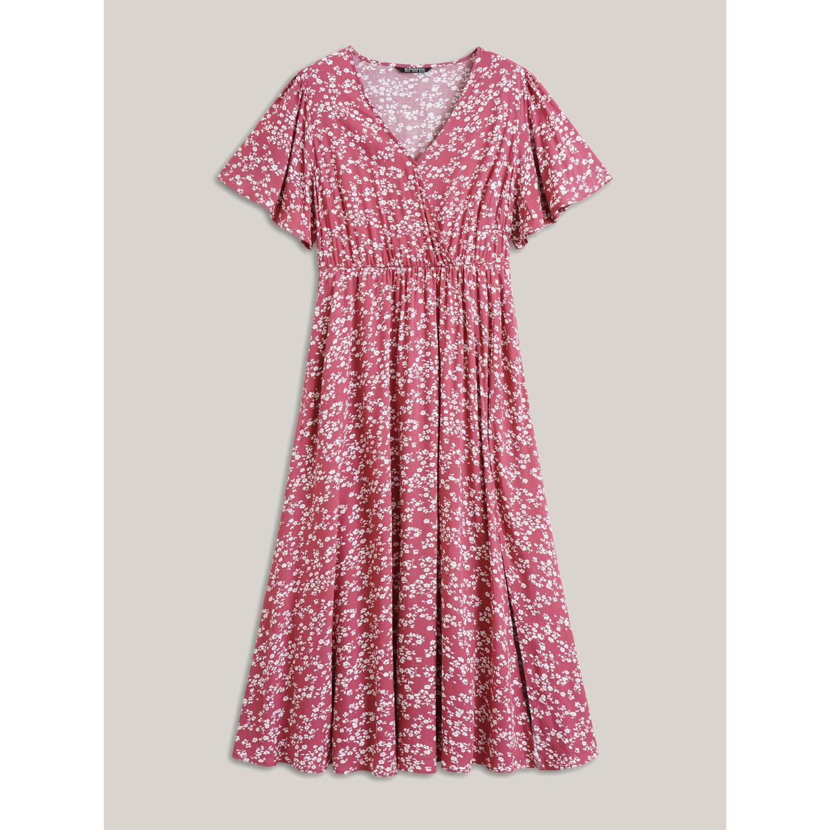 Plus Size Bloom Dress - Flutter Sleeve Ditsy Floral Pocket Split Maxi Dress LightGreen Women Romantic Slit V-neck Half Sleeve Curvy Long Dress BloomChic 10/M Product Image