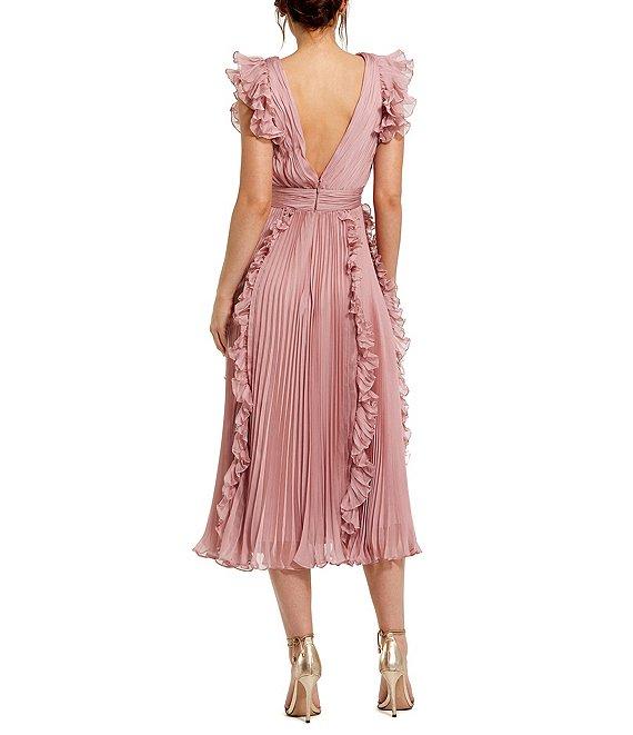 Mac Duggal Pleated Chiffon Deep V-Neck Flutter Sleeve Ruffle Midi Dress Product Image