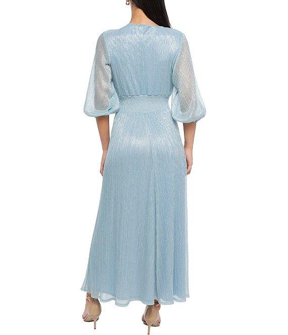Marina V Neck 3/4 Sleeve Smock Waist Mini Pleat Metallic Dress Product Image