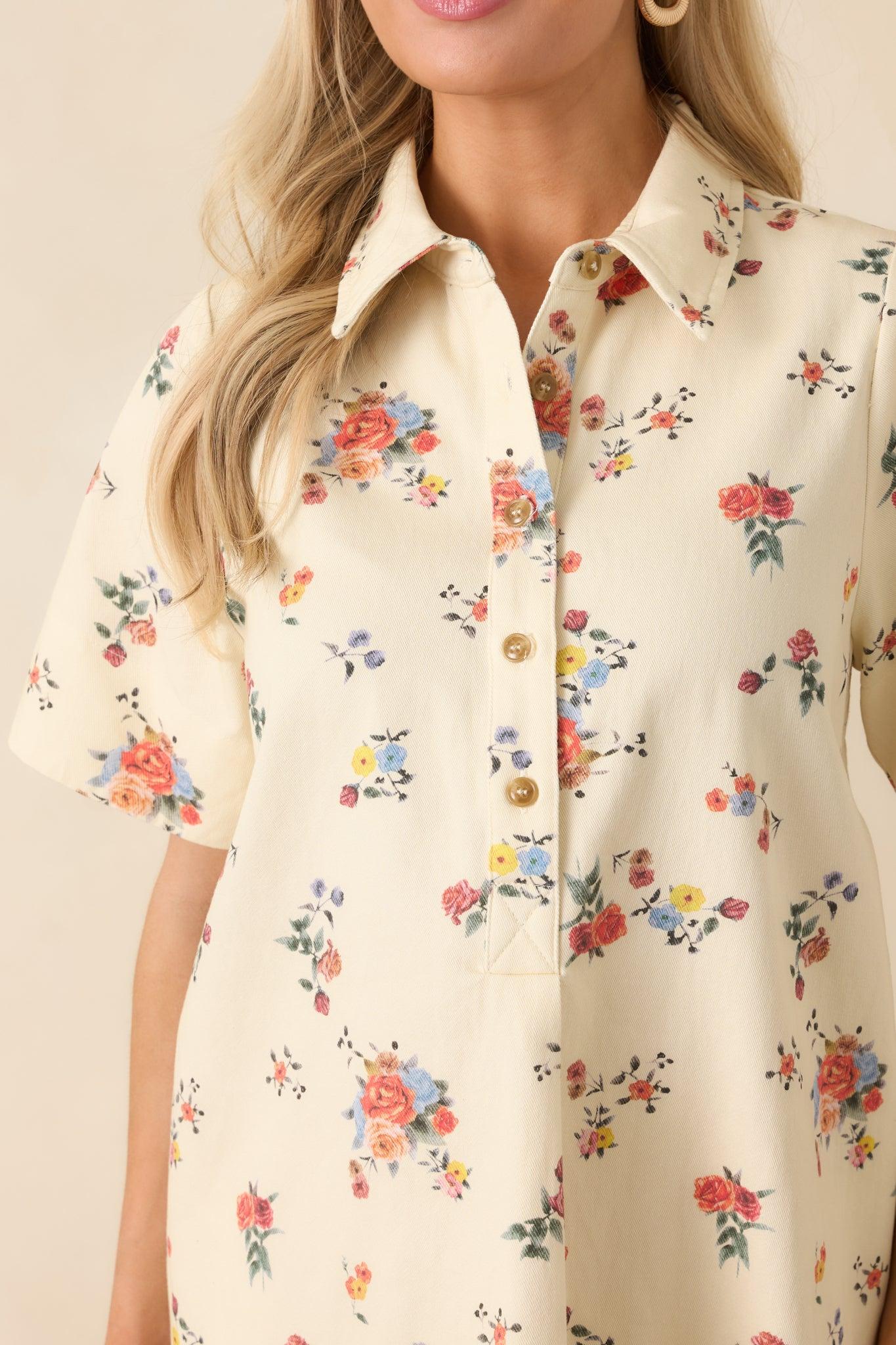 Just Around the Corner Ivory Multi Floral Cotton Mini Dress L / Ivory Product Image