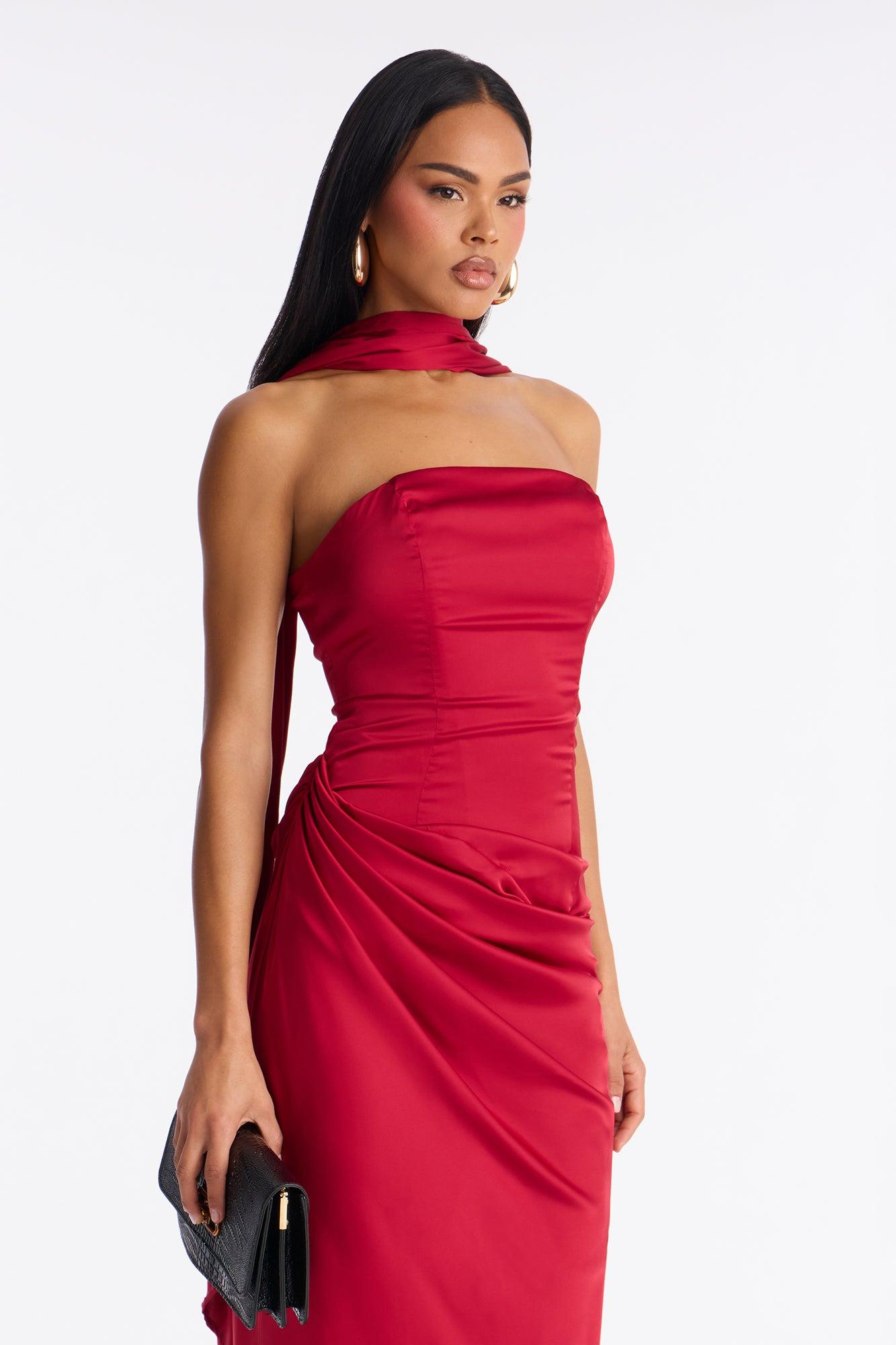 Lovestruck Look Satin Corset Maxi And Scarf Dress - Wine Female Product Image