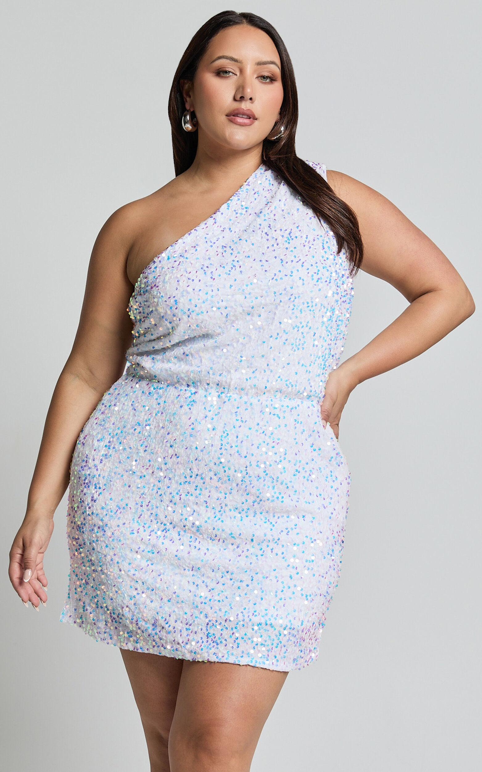 Lucy Mini Dress - One Shoulder Sequin Mini Dress in White Product Image