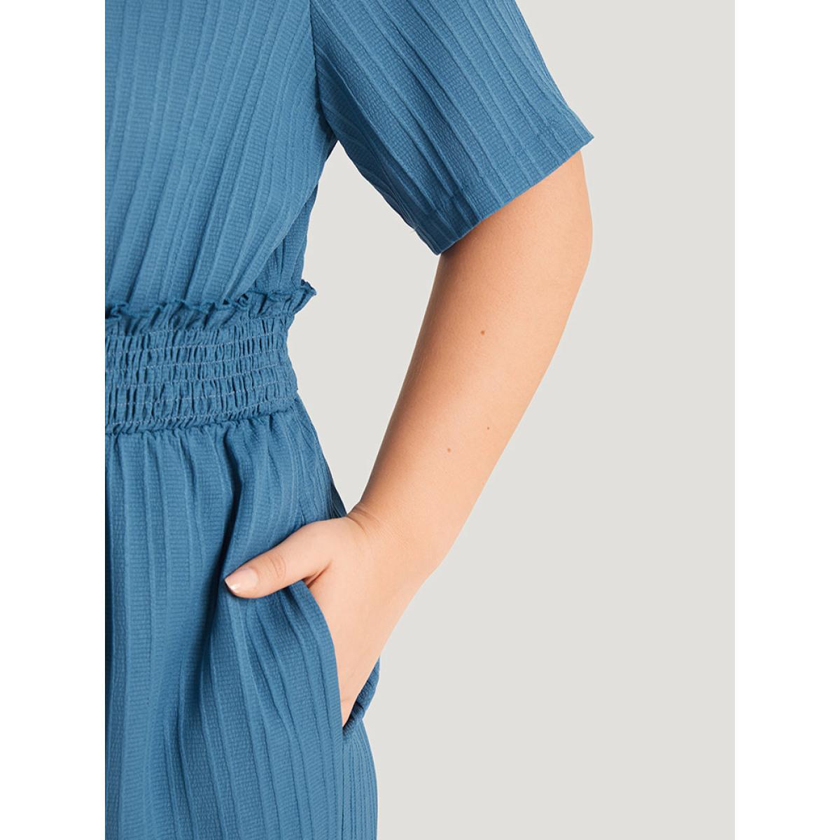 Plus Size Cerulean Textured Bowknot V Neck Shirred Pocket Jumpsuit Women Elegant Half Sleeve V-neck Dailywear Loose Jumpsuits BloomChic 30/6X Product Image