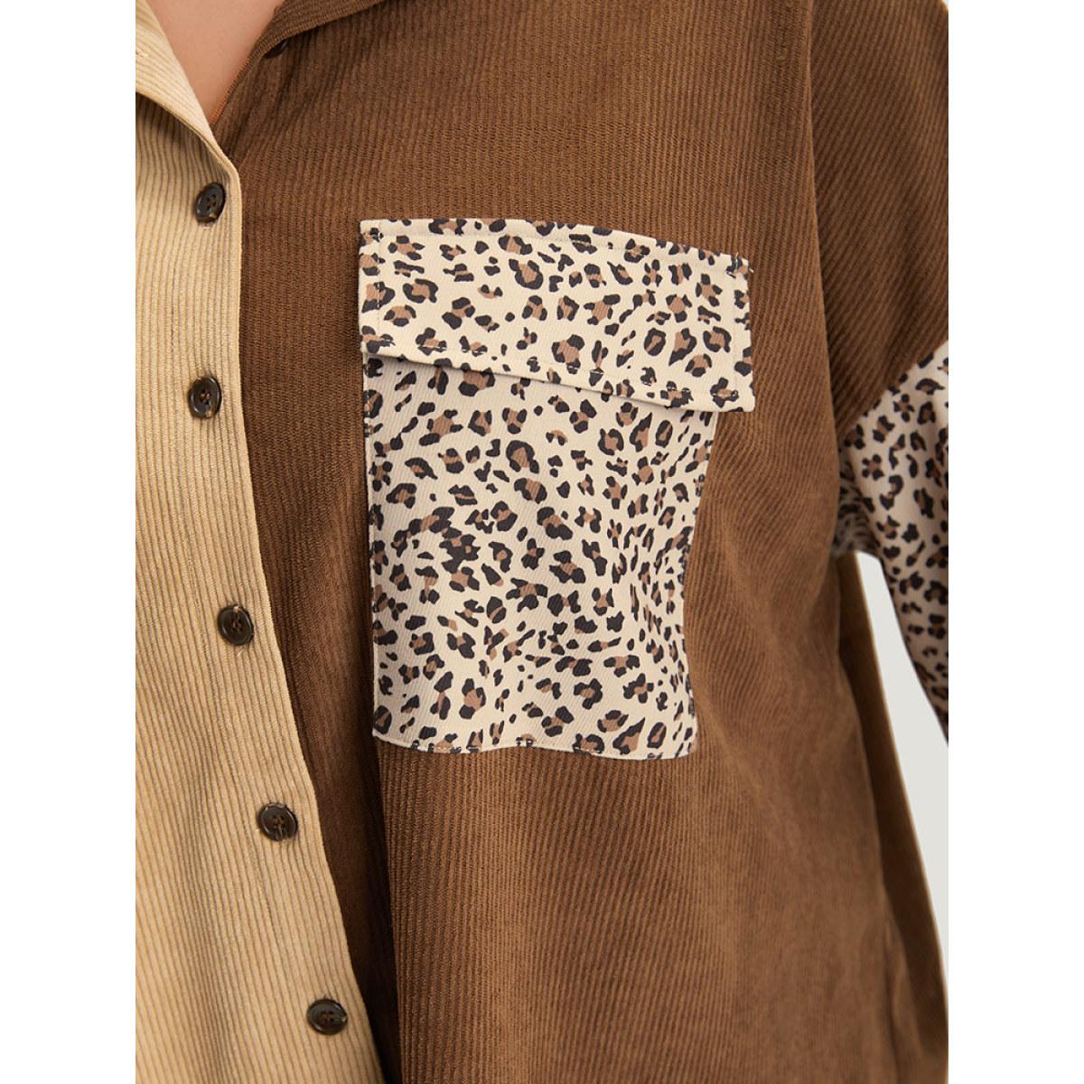 Plus Size Leopard Patchwork Pocket Contrast Button Through Coat Women DarkBrown Texture Pocket Dailywear Jackets BloomChic 12/L Product Image