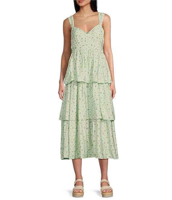 Blu Pepper Floral Print Sweetheart Neck Tiered Tie Bow Back Midi Dress Product Image