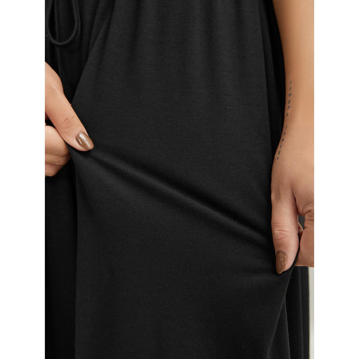 Plus Size Black Very Stretchy Lace Waist-Tie Jumpsuit Women Boho Cap Sleeve V-neck Vacation Loose Jumpsuits BloomChic 12/L Product Image