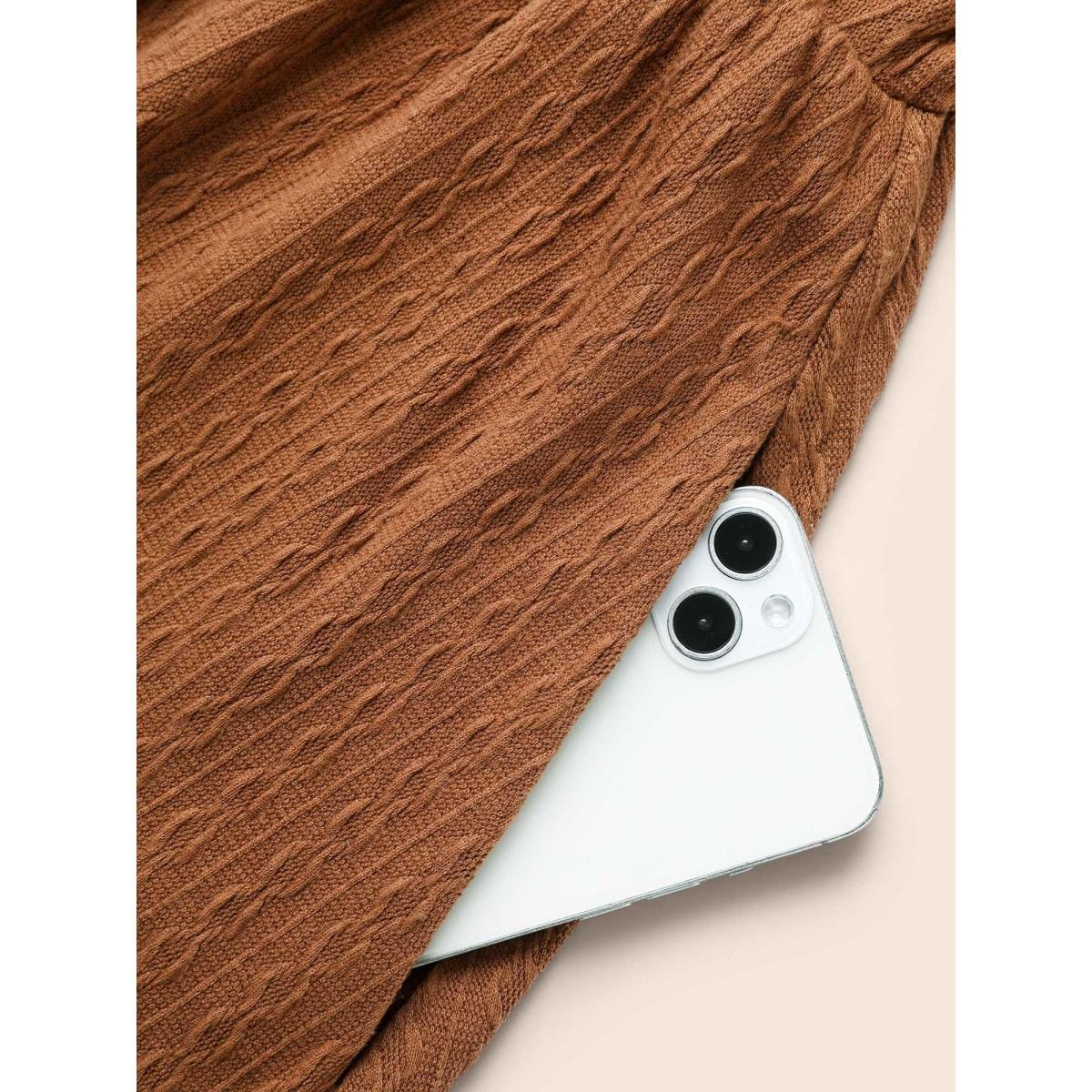 Plus Size Textured Mesh Patchwork Ruffles Dress Yellowishbrown Women Timeless Woven ribbon&lace trim Round Neck Extra Long Sleeve Curvy BloomChic 12/L Product Image