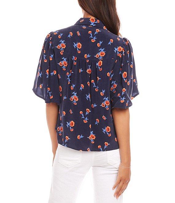 Karen Kane Carnation Print Spread Collar Short Puff Sleeve Shirred Top Product Image