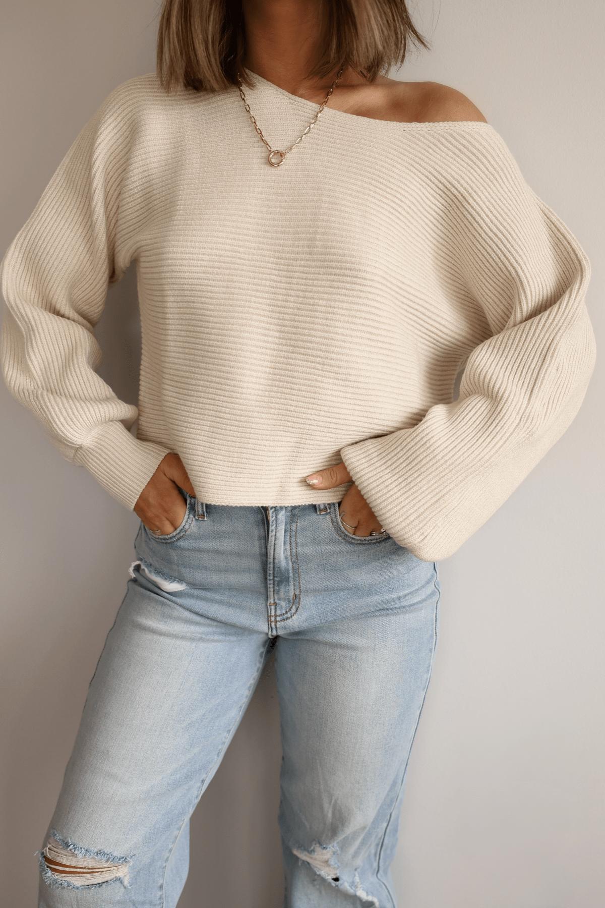 Avery Ribbed Boat Neck Sweater - Beige - FINAL SALE Product Image