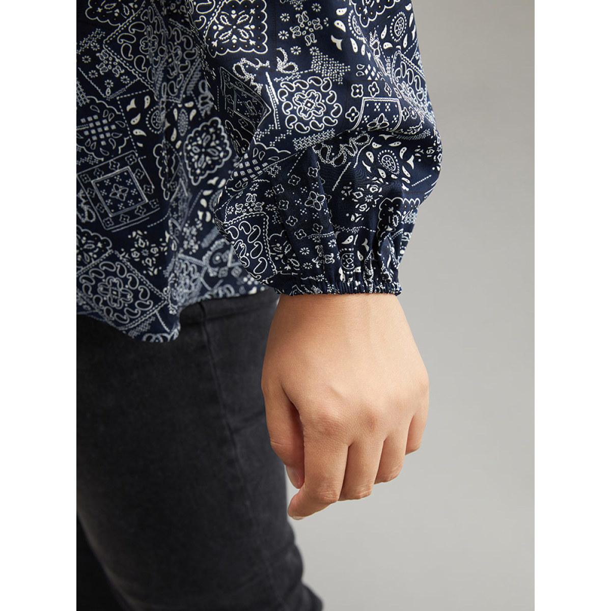 Plus Size Indigo Bandana Lace Insert Lantern Sleeve Blouse Women Resort Long Sleeve V-neck Vacation Blouses BloomChic 10/M Product Image