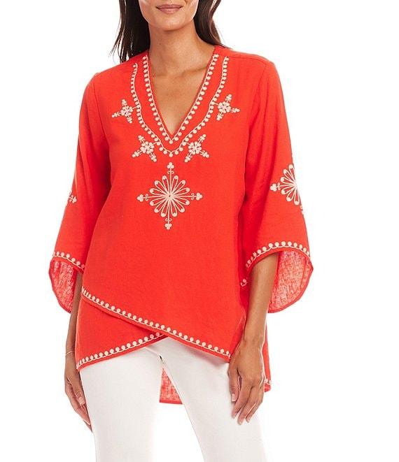 Karen Kane Embroidered V-Neck 3/4 Flare Sleeve Asymmetrical Top Product Image