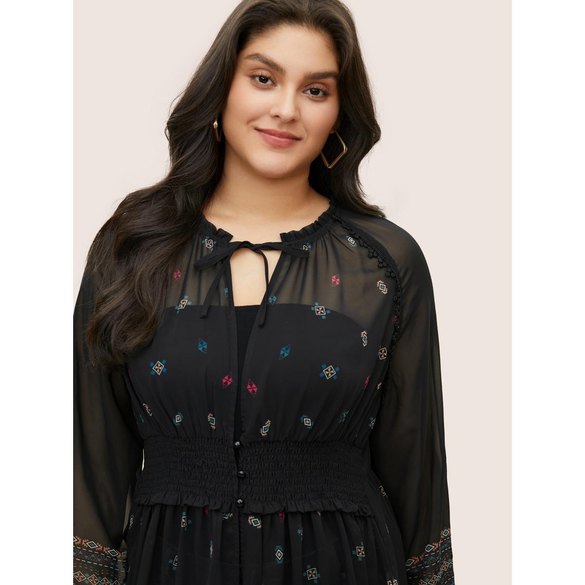 Plus Size Bandana Print Mesh Shirred Split Side Kimono Women Black Resort Shirred Vacation Kimonos BloomChic 18-20/2X Product Image