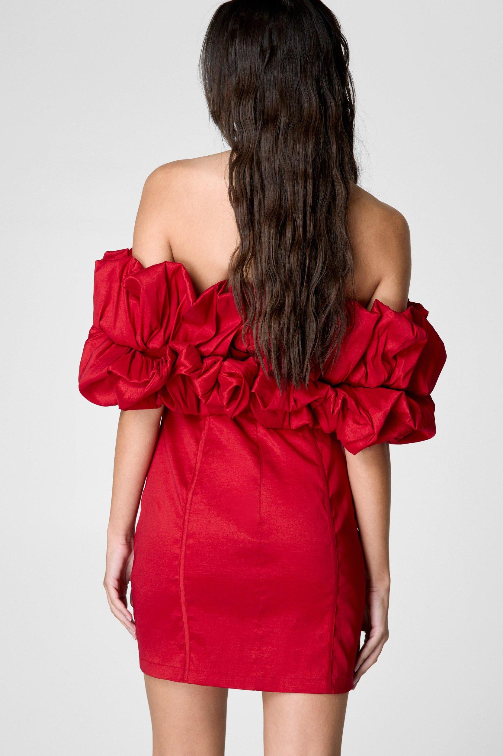 Taffeta Ruched Bardot Mini Dress Product Image