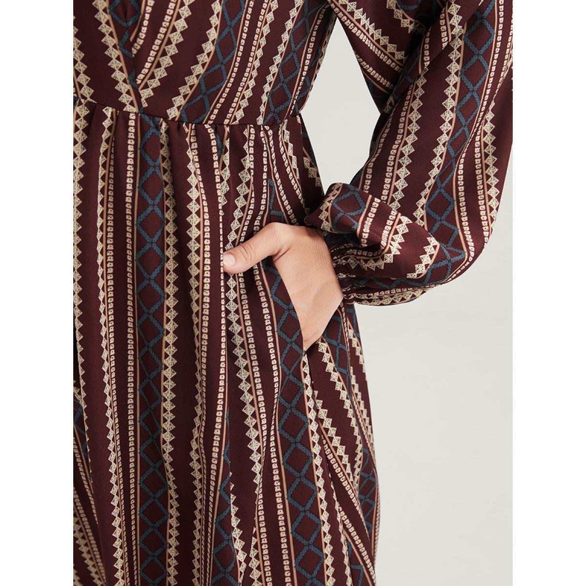 Plus Size Striped V Neck Lantern Sleeve Pocket Knee Dress Burgundy Women Vacation Pocket V-neck Long Sleeve Curvy Knee Dress BloomChic 26/4X Product Image