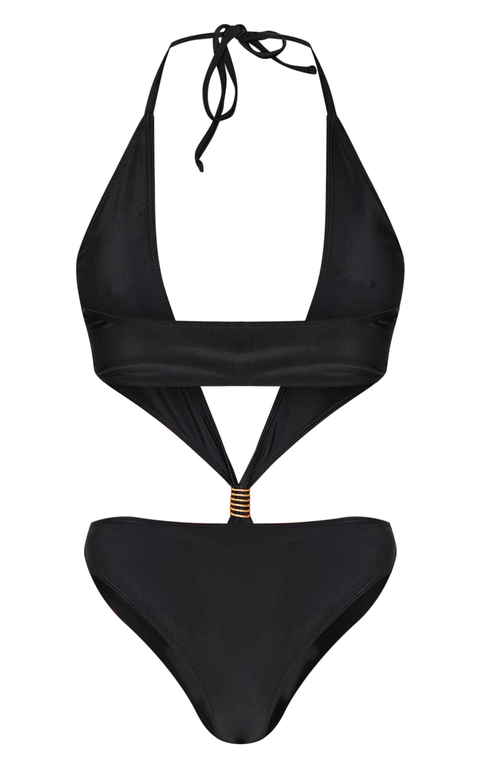 Black Extreme Cut Out Gold Trim Halter Tie Swimsuit Product Image
