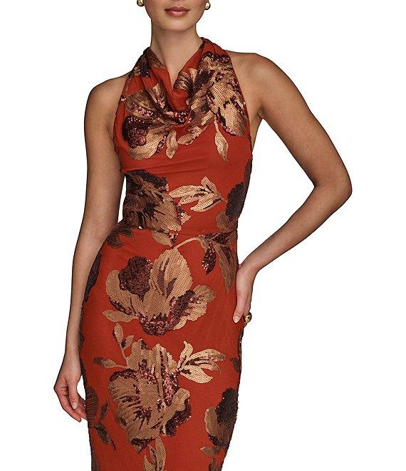 Donna Karan Cowl Neck Floral Sequin Sheath Dress Product Image