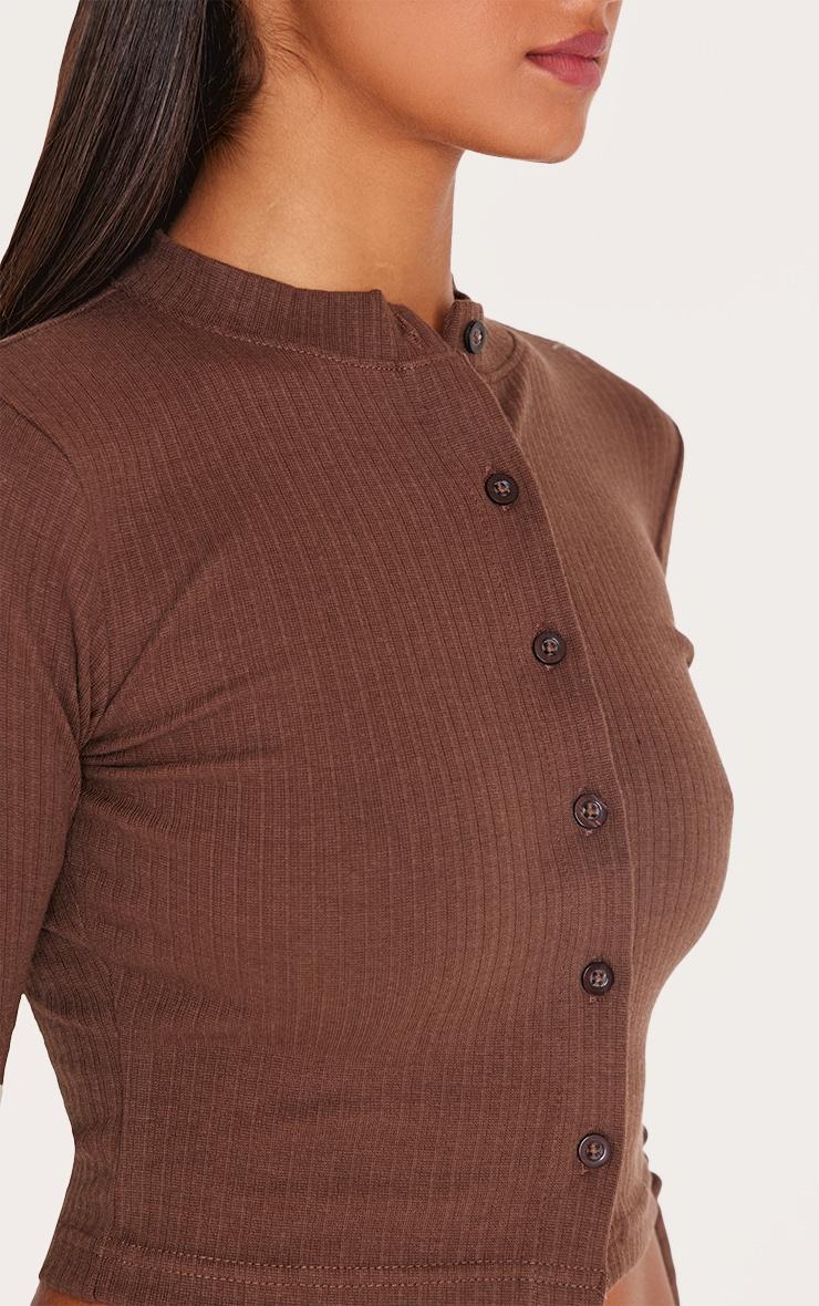 Chocolate Ribbed Button Down Detail Long Sleeve Top Product Image