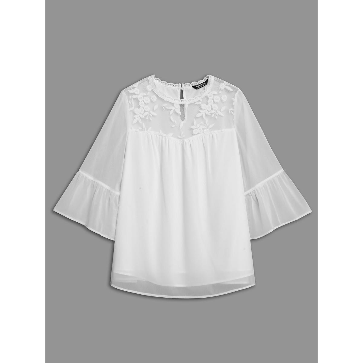 Plus Size Opticwhite Dreamy Lace Neck Flared Sleeve Chiffon Blouse Women Elegant Elbow-length sleeve Stand-up collar Everyday Blouses BloomChic 30/6X Product Image