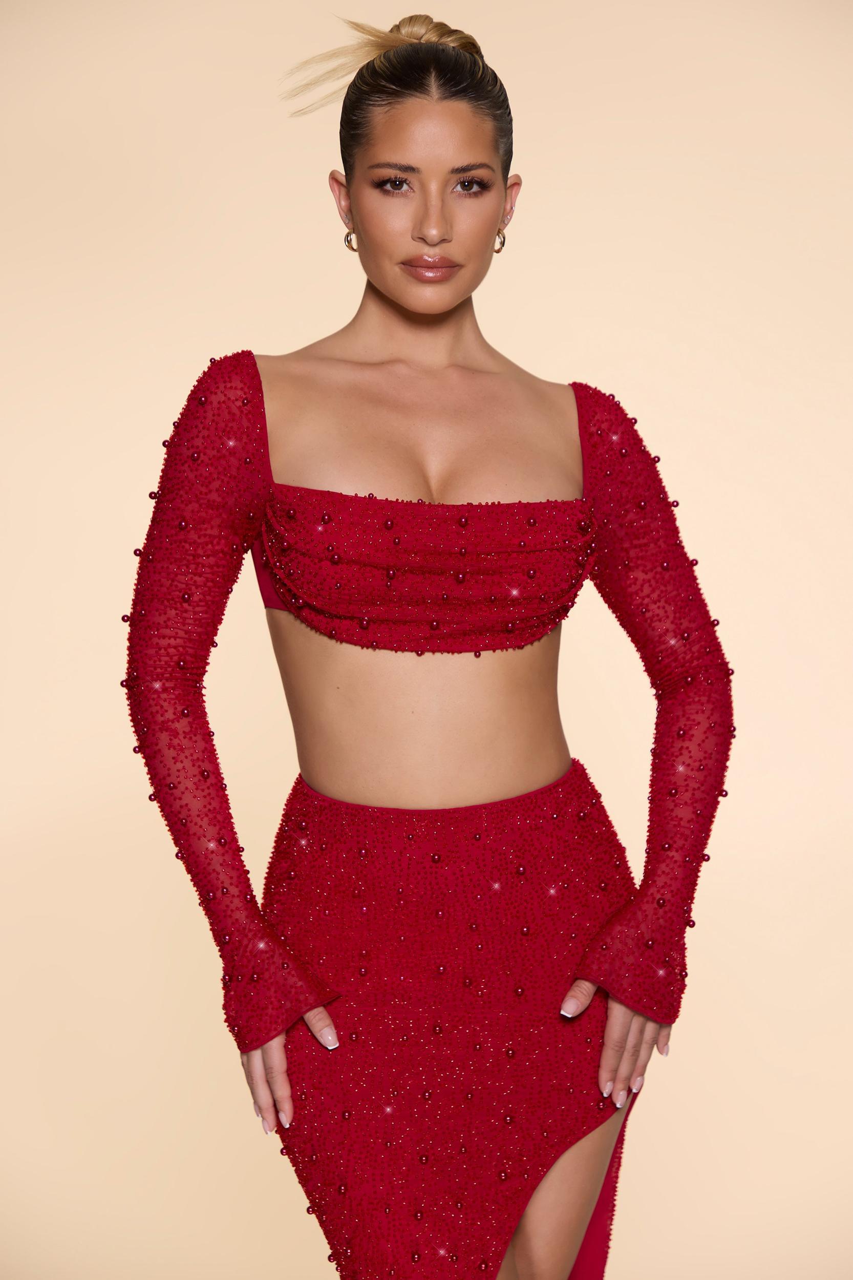 Embellished Cowl Neck Crop Top in Red Product Image