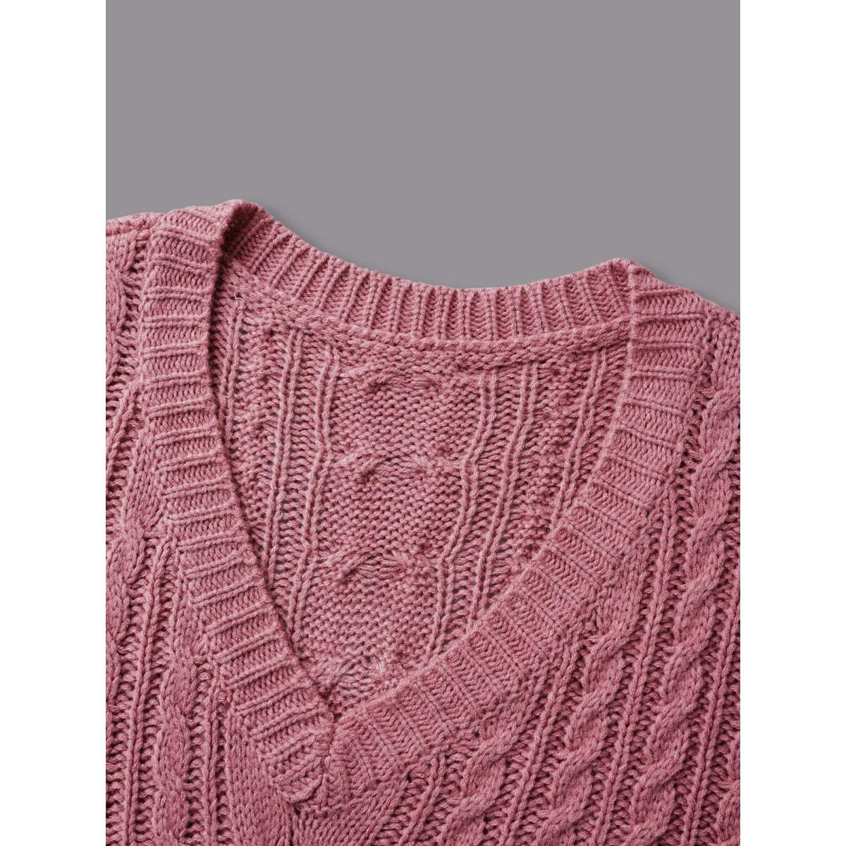 Plus Size V Neck Texture Cable Knit Pullover DustyPink Women Casual Loose Long Sleeve V-neck Everyday Pullovers BloomChic 26/4X Product Image