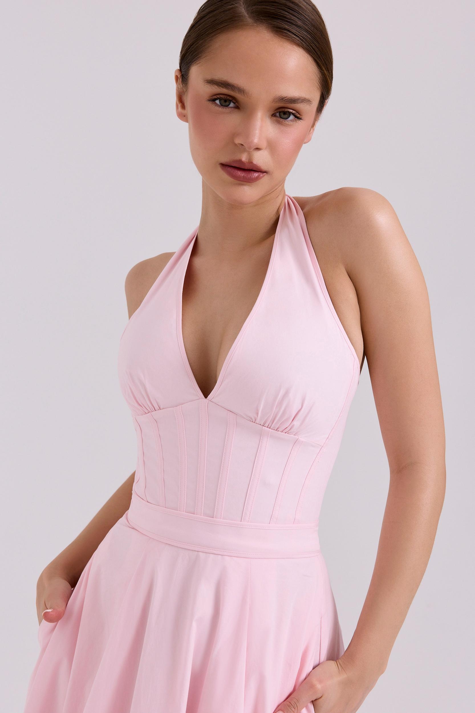 Allena  pink stretch cotton halter midi sundress Product Image