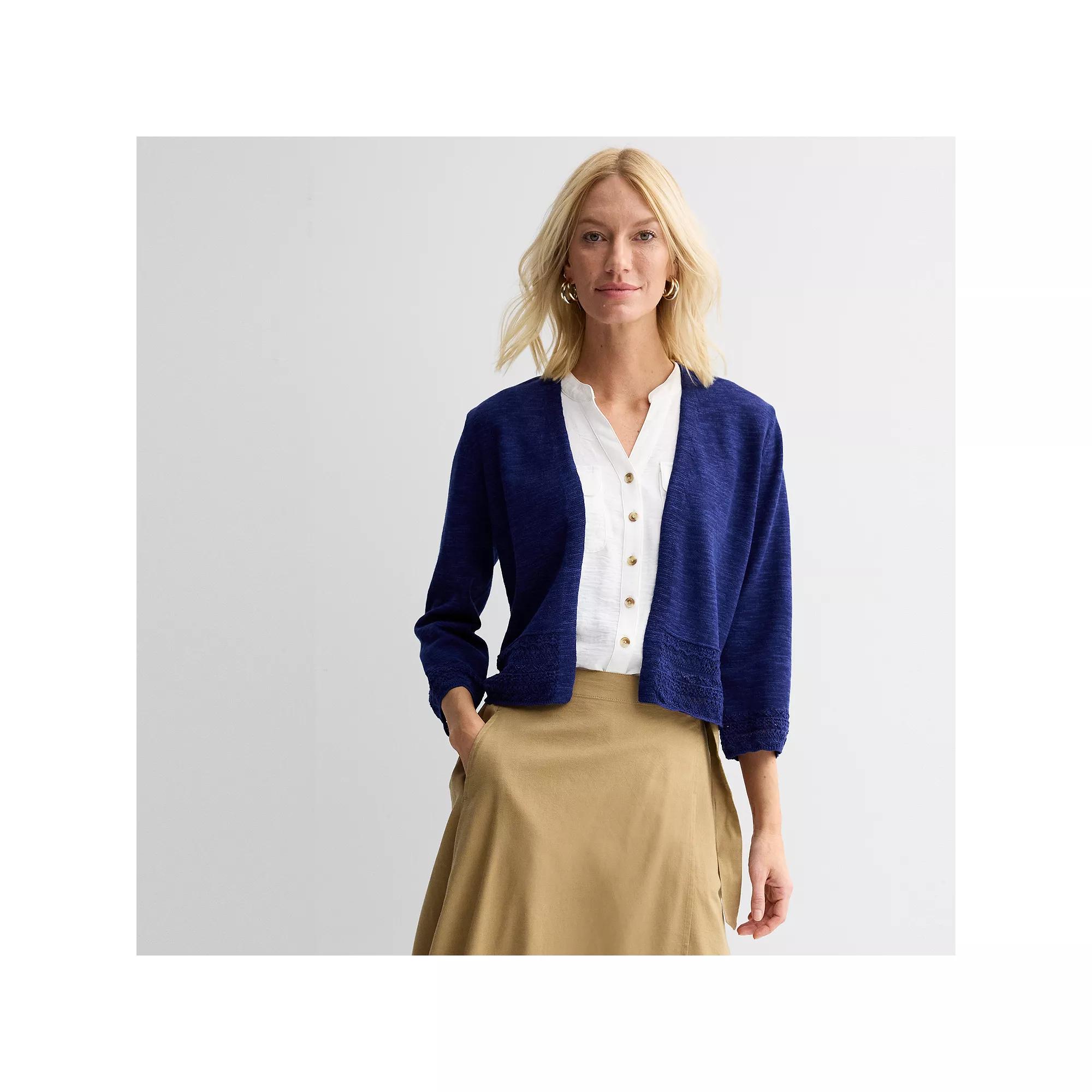 Petite Croft & Barrow Pointelle Lace Hem Cardigan, Womens Felix Blue Product Image