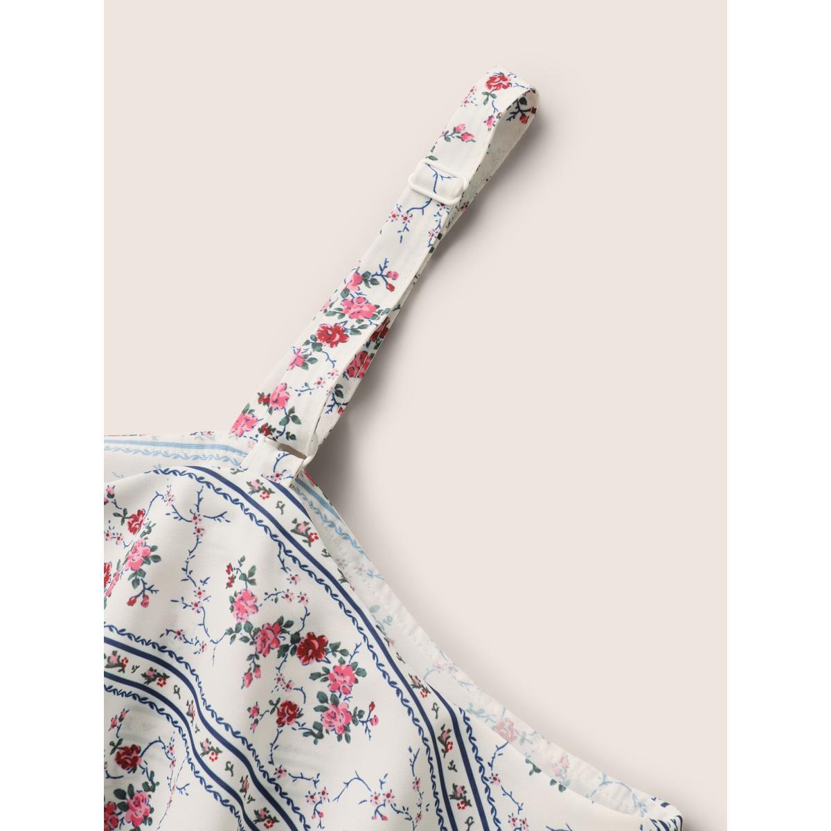 Plus Size Boho Print Ruffle Trim Elastic Waist Cami Top Women Originalwhite Elegant Contrast One-shoulder neck Everyday Tank Tops Camis BloomChic 26/4X Product Image