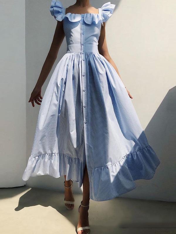 A-Line Loose Buttoned Pleated Ruffle Trim Striped Square-Neck Maxi Dresses Product Image